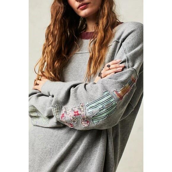 Free People We The Free Tee Tunic Top Floral Patch Cotton Pullover S New 283044 - Picture 2 of 8